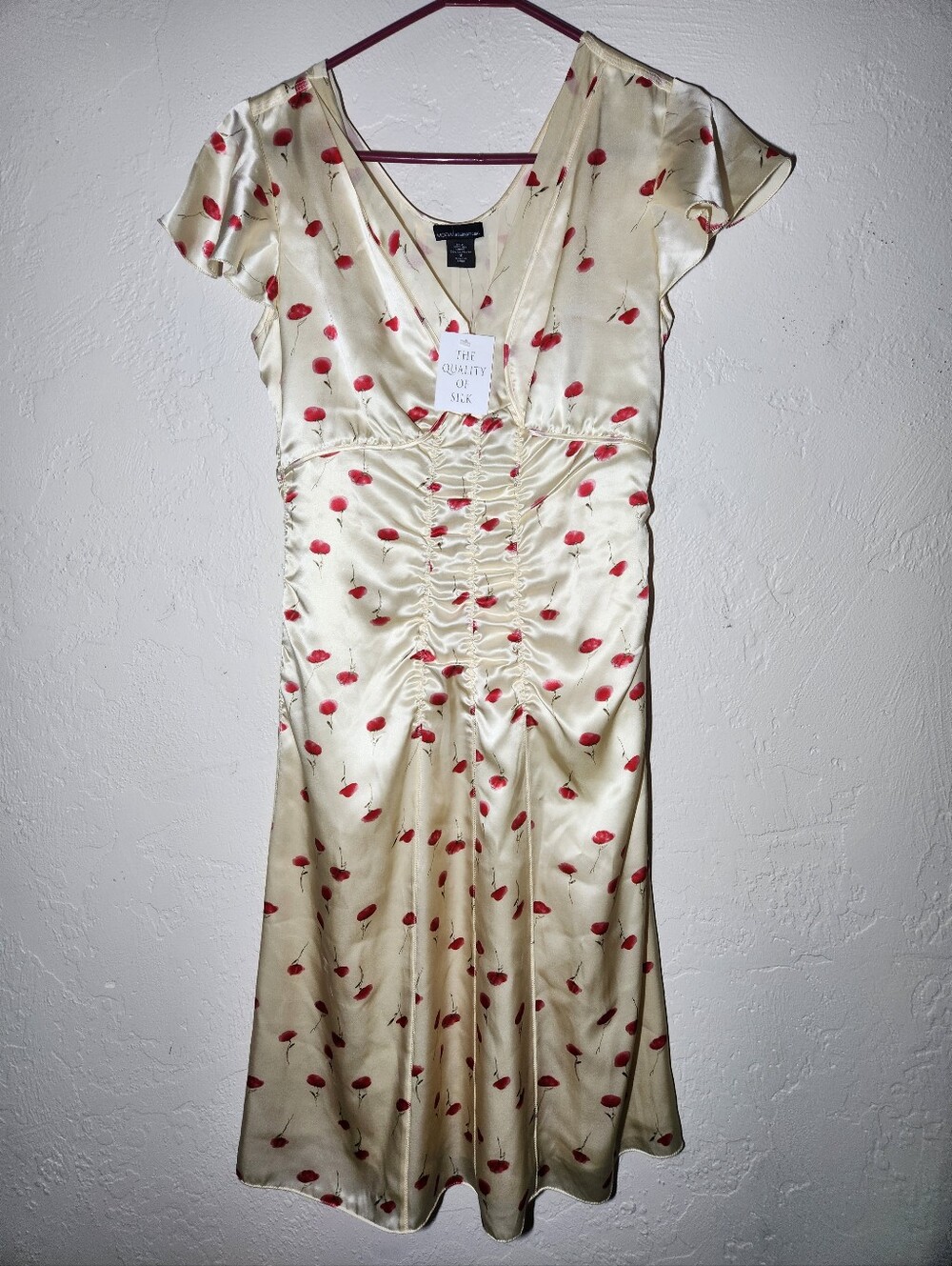 NWT Moda International Silk Womens Size 8 Cream Midi Dress with Red Cherry Print